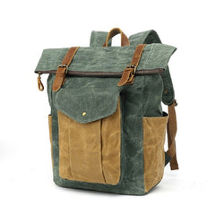 Unisex Two Toned Waxed Canvas Roll Top Backpack with Computer Sleeve