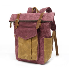 Unisex Two Toned Waxed Canvas Roll Top Backpack with Computer Sleeve