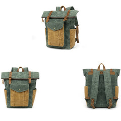 Unisex Two Toned Waxed Canvas Roll Top Backpack with Computer Sleeve