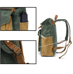 Unisex Two Toned Waxed Canvas Roll Top Backpack with Computer Sleeve