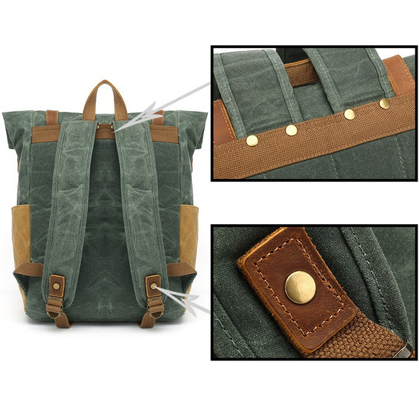 Unisex Two Toned Waxed Canvas Roll Top Backpack with Computer Sleeve