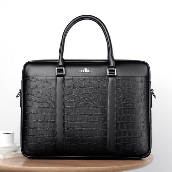 All-Black Crocodile Embossed Leather Work Briefcase 14 inches Laptop Bag