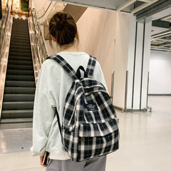 Durable Check Pattern School Daypack Canvas Travel Backpack for Women