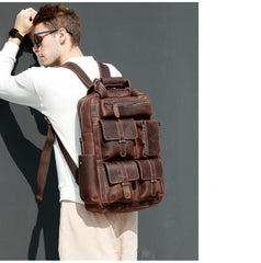 Classic Multi-Pocket Crazy Horse Leather Backpack for Travel and Office