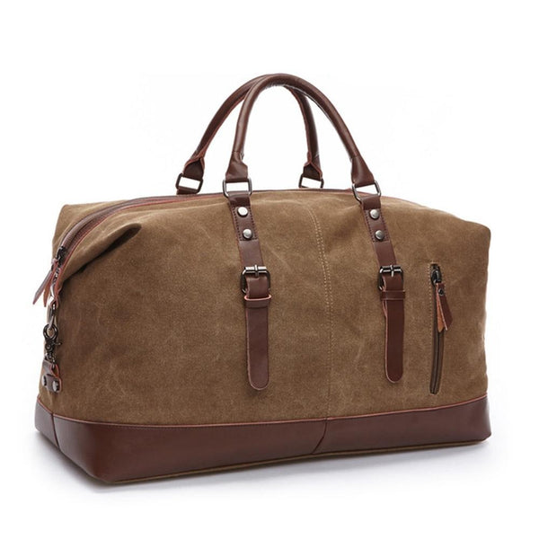 Canvas Duffel Bag with Leather Trim Large Travel Bag with Shoulder Strap