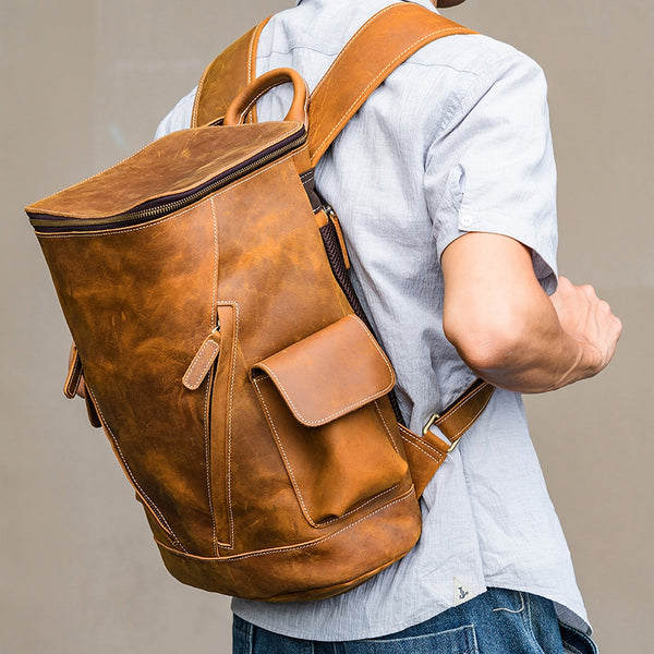 Vintage Top Loading Backpack, Laptop Sleeve, Leather, Dark Brown/Sienna