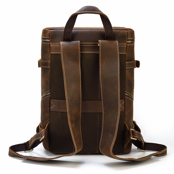 Work & Travel Leather Backpack with Zippers for Men, Brown, One Size