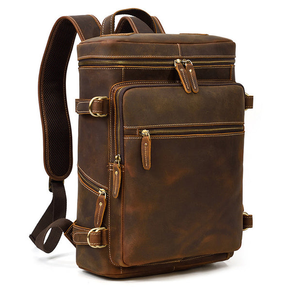 Work & Travel Leather Backpack with Zippers for Men, Brown, One Size