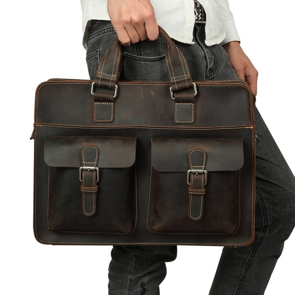 Vintage Crazy Horse Leather Briefcase with 15.6 inches Laptop Sleeve