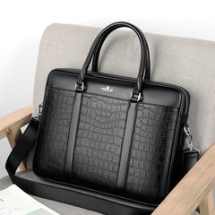 All-Black Crocodile Embossed Leather Work Briefcase 14 inches Laptop Bag